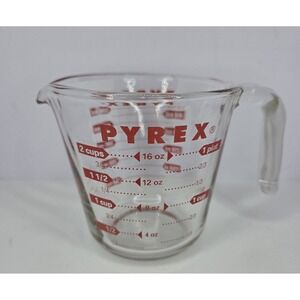 Vintage PYREX 2 Cups Measuring Cup Glass Open Handle Red Capital Letters ~USA